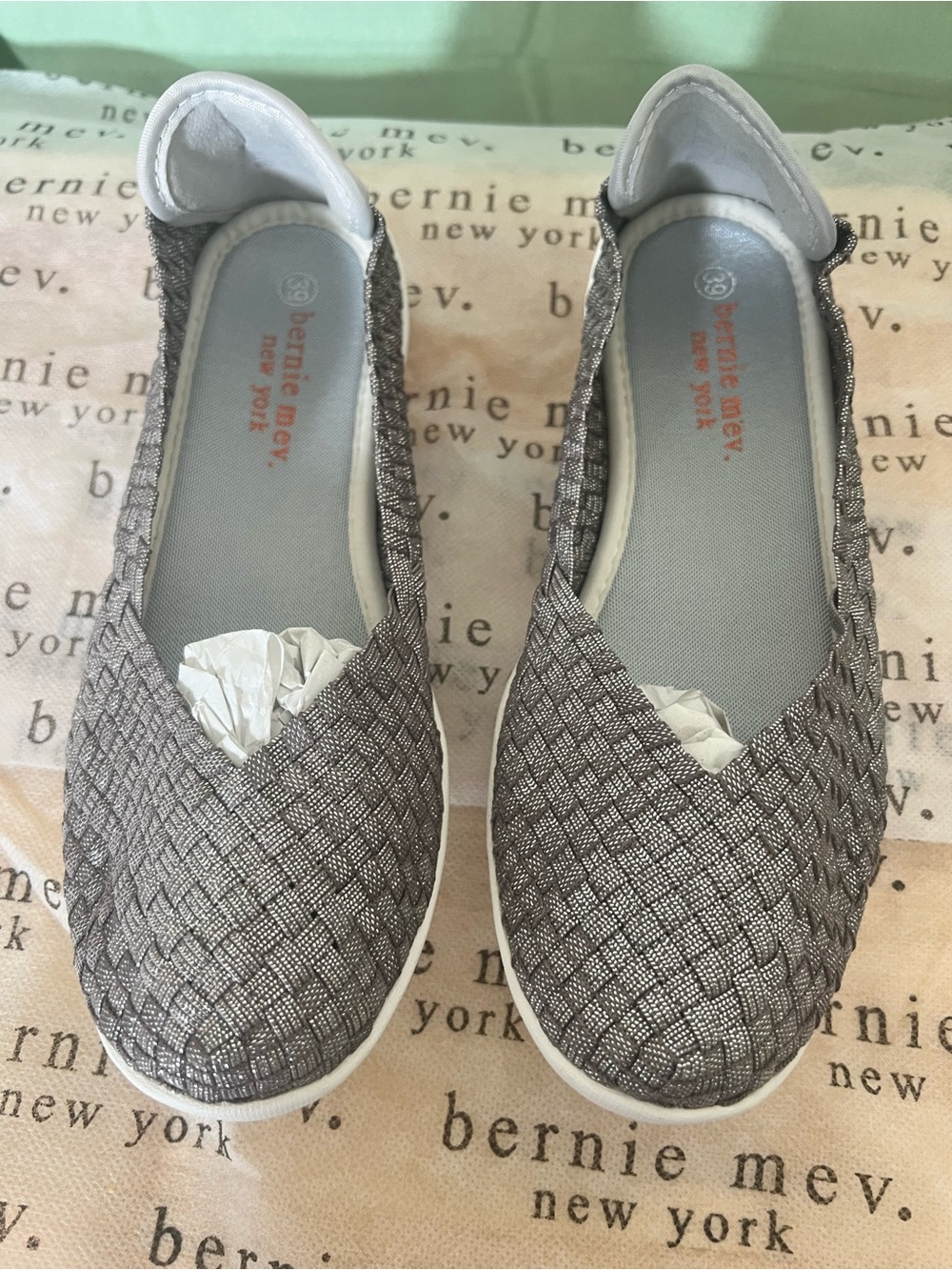 bernie mev. Metallic Silver Woven Slip-On Flats